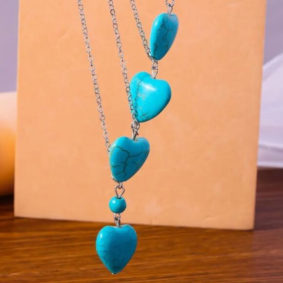 NEW Maebel Turquoise Blue Stone Heart Layered Drop Necklace - Picture 3 of 4